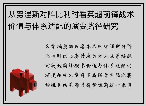 从努涅斯对阵比利时看英超前锋战术价值与体系适配的演变路径研究 从努涅斯对阵比利时看英超前锋战术价值与体系适配的演变路径研究